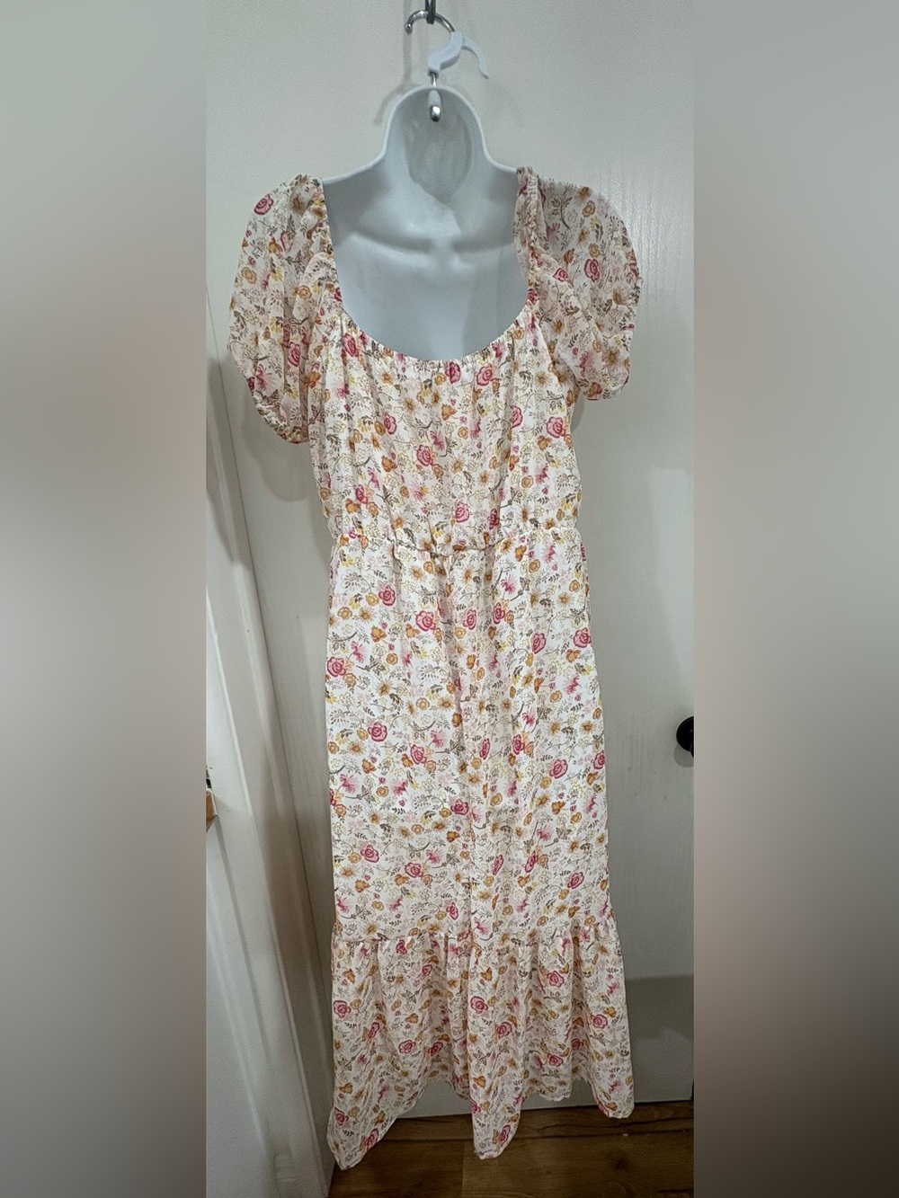 Cottagecore peasant Floral Puff-Sleeve Midi Dress in Cream pink and yellow - Picture 9 of 10